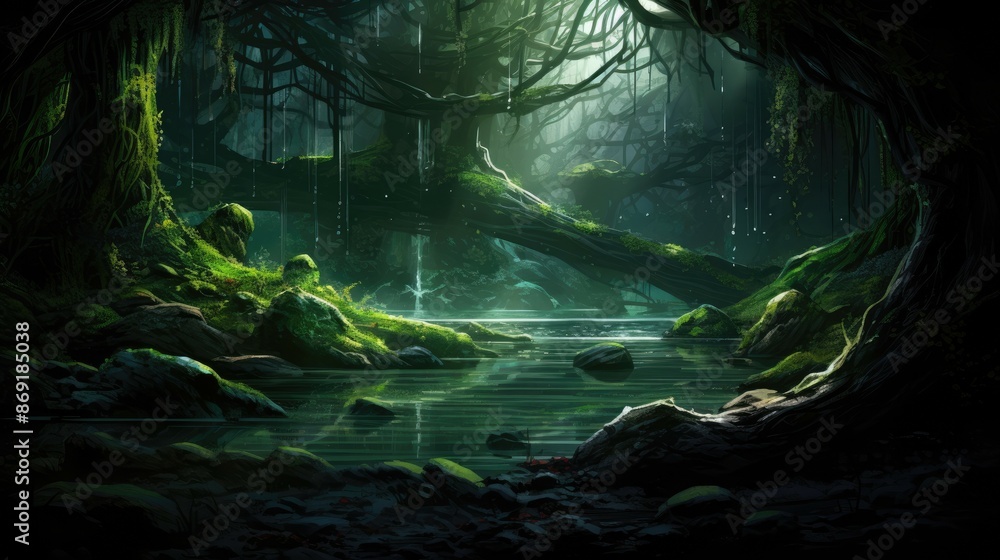 Poster the image is a dark and mysterious forest with a river running through it.