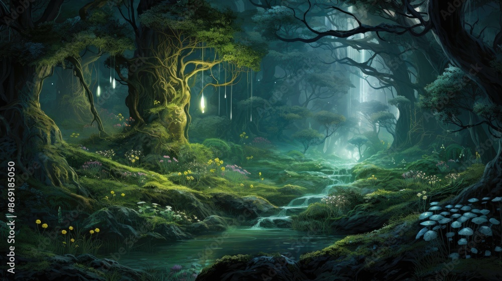 Poster the image is a beautiful landscape of a forest with a river running through it. the trees are tall a