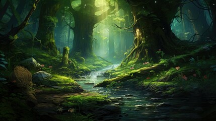 A lush green forest with a river running through it. The trees are tall and the leaves are a vibrant green.