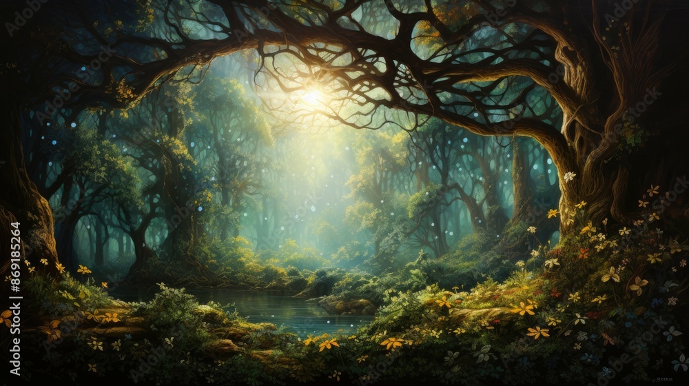 Poster mystical forest with a magical atmosphere. the sun's rays break through the dense foliage of the tre