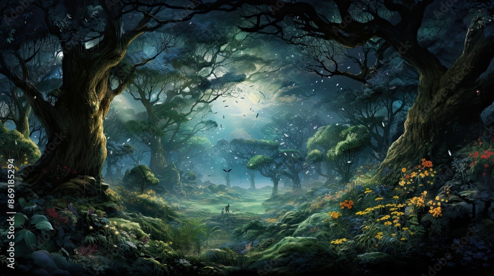 Poster the image is a beautiful landscape of a forest with a path leading into the distance.