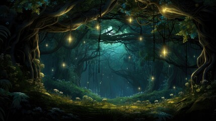 Fototapeta premium The image is a beautiful depiction of a magical forest. The trees are tall and majestic, and the leaves are a lush green.