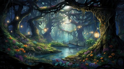 The image is a beautiful depiction of a magical forest. The trees are tall and majestic, and the leaves are a lush green.