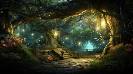 The image is a beautiful depiction of a magical forest. The trees are tall and majestic, and the leaves are a lush green.