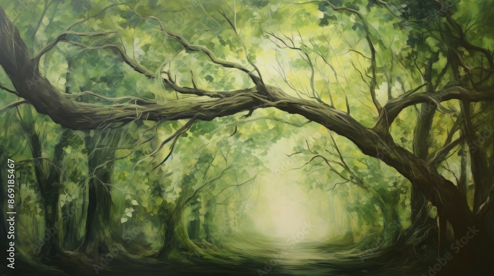 Poster the painting is of a lush green forest with a path leading through the middle. the trees are tall an