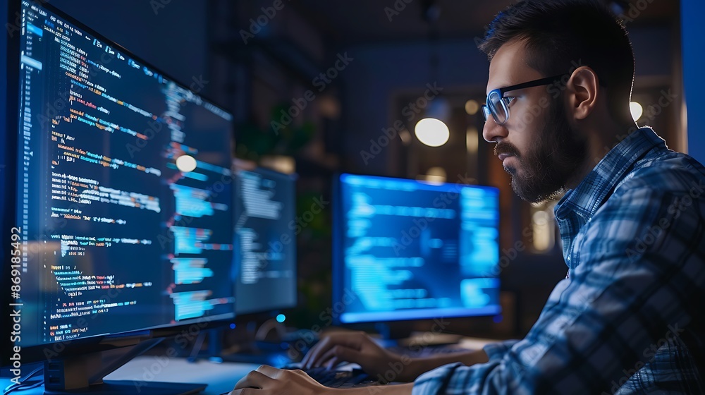 Poster focused programmer working late into the night