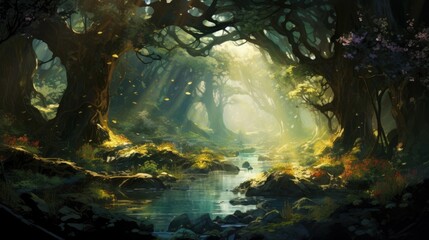 The sun shines through the tall trees in a magical forest. A crystal clear river flows through the middle of the forest.