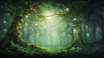 Fototapeta premium The painting depicts a lush green forest with a path leading into the distance. The trees are tall and majestic, and the leaves are a vibrant green.