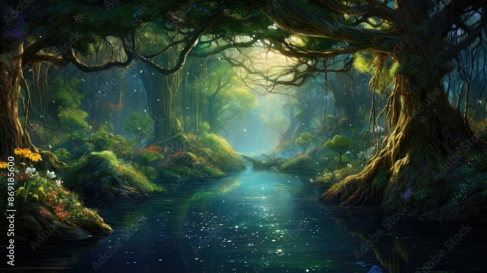 Poster mystical forest with a river running through it. the trees are tall and the branches are covered in 
