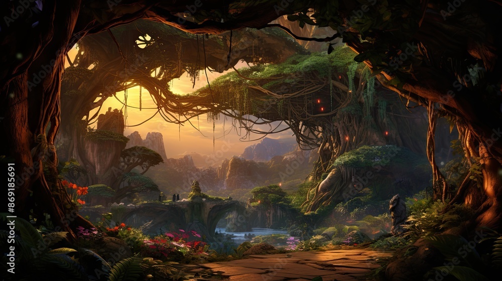 Poster the image is a beautiful landscape of a lush forest with a river running through it.