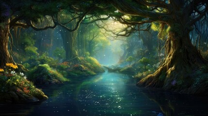 Mystical forest with a river running through it. The trees are tall and the branches are covered in leaves.