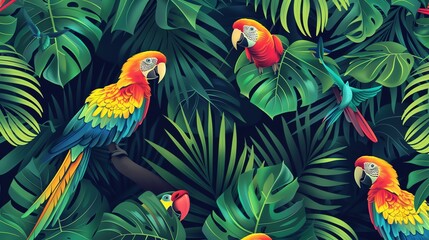 Obraz premium Tropical parrots and leaves seamless pattern.
