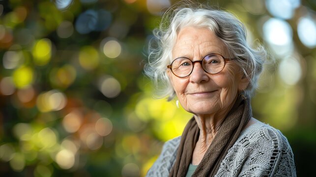 A woman with gray hair and glasses smiles gently, with a blurred background of greenery.