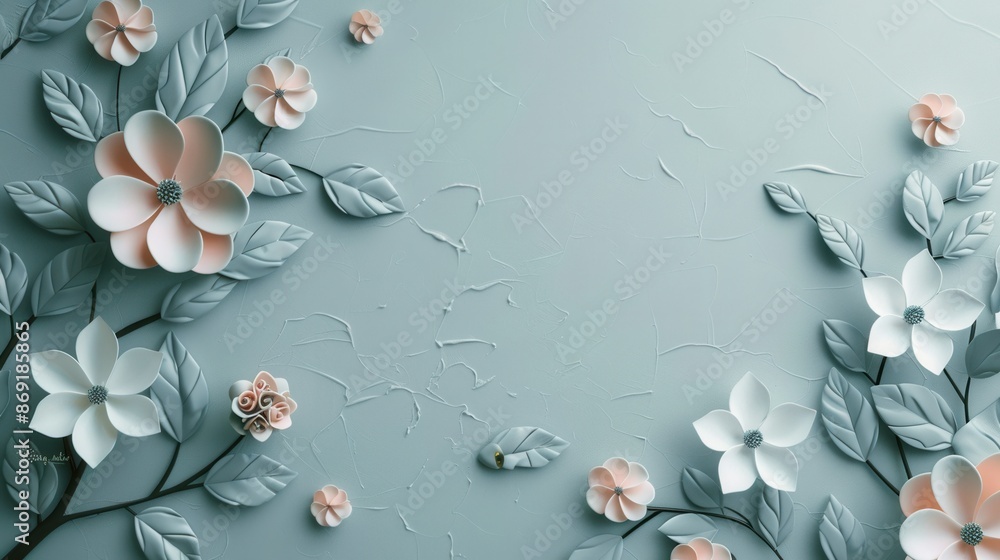 Poster a contemporary and clean image featuring geometric floral patterns in white and pink against a blue 