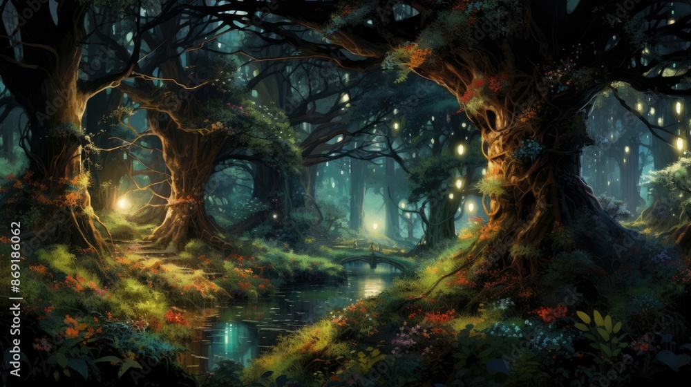 Poster mystical forest with a river and a small bridge. the trees are tall and have many branches. the leav