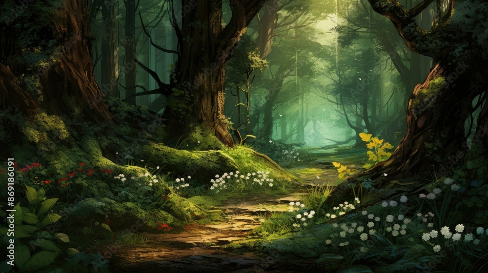 Poster the forest path is overgrown with moss and flowers. the trees are tall and the branches are thick. t