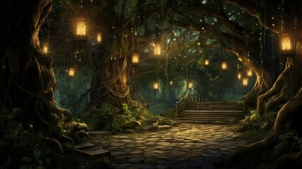 Obraz premium The image is a beautiful depiction of a magical forest. The trees are tall and majestic, and the leaves are a lush green.