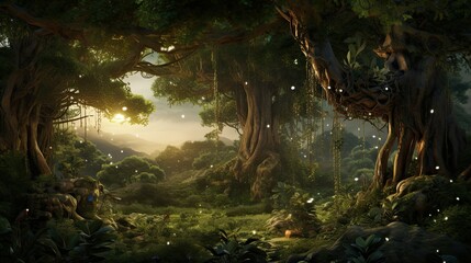 The sun shines through the tall trees of the dense jungle. The air is thick with the scent of damp earth and rotting vegetation.