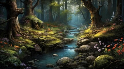 The sun shines through the tall trees in a magical forest.