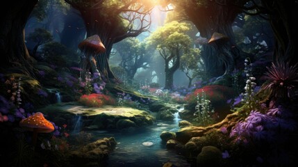 A magical forest with a beautiful stream running through it. The trees are tall and majestic, and the flowers are colorful and vibrant.