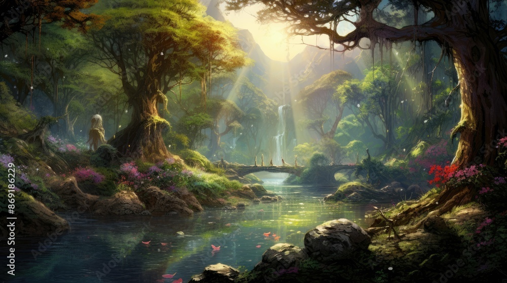 Aufkleber the image is a beautiful landscape of a forest with a river running through it. the trees are tall a