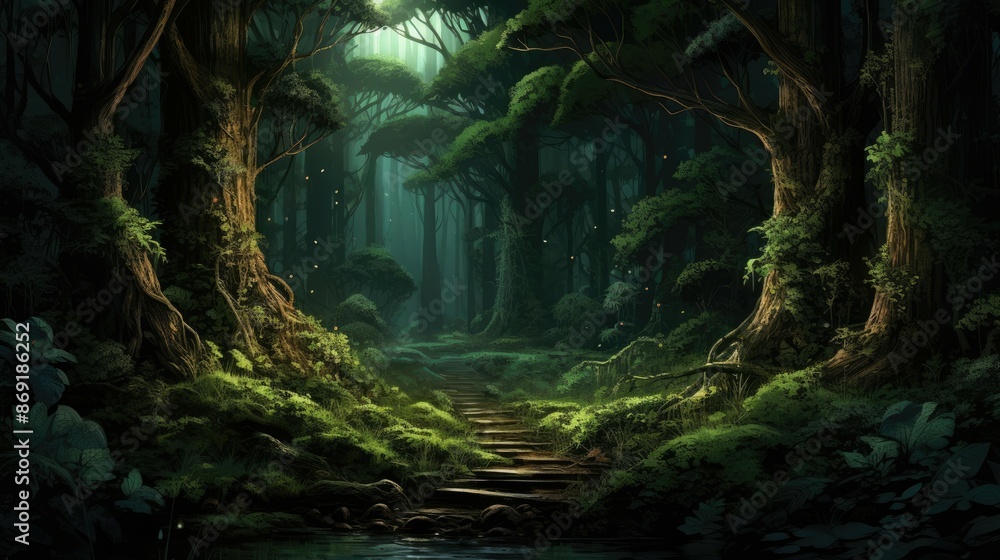 Poster the path through the forest is dark and mysterious, but it is also beautiful.