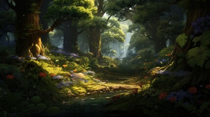 Lush green foliage and bright flowers fill a dense forest with a magical atmosphere.