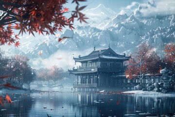 On a snowy day, the pavilions of the ancient town by the lake