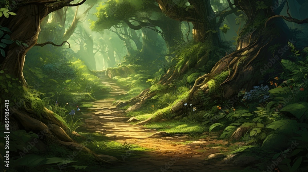 Poster the path through the forest is overgrown with moss and ferns.