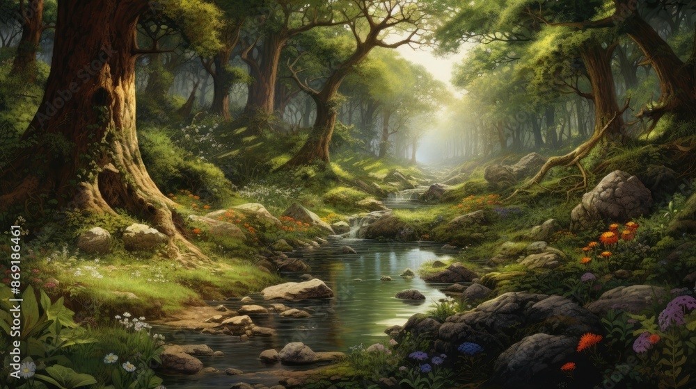 Poster a beautiful landscape of a lush green forest with a sparkling stream running through it.
