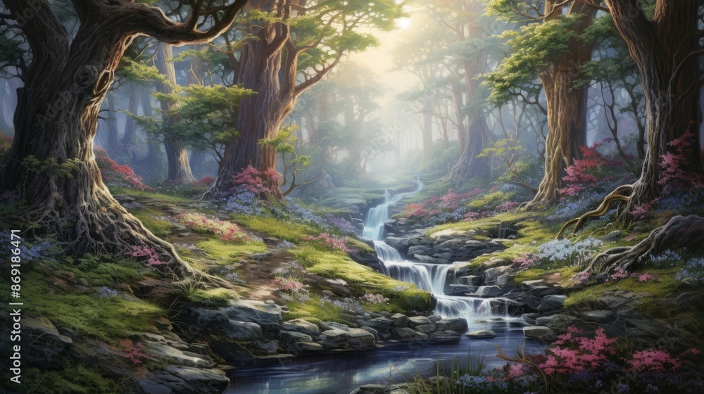 Poster a beautiful landscape of a lush green forest with a sparkling stream running through it.