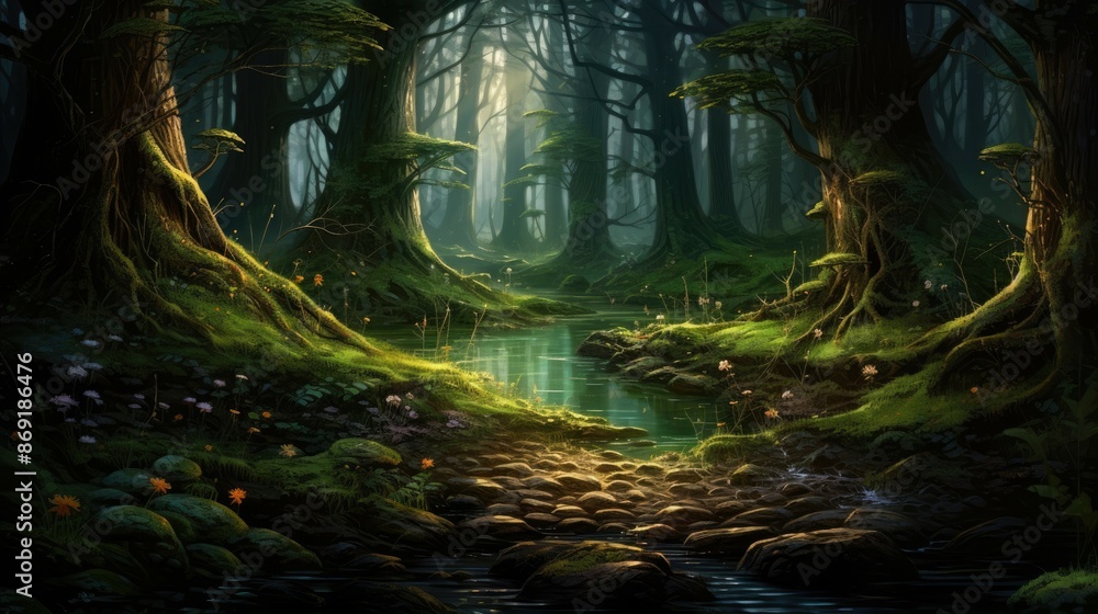 Poster a magical forest with a beautiful stream running through it. the trees are tall and green, and the l