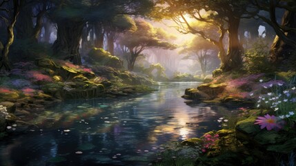 The sun shines through the tall trees of the forest.