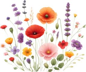 Spring Wildflowers in Bloom, Botanical Illustration isolated on white background