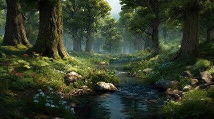 Obraz premium The lush green forest is full of tall trees and a babbling brook. The sunlight shines through the trees, creating a magical atmosphere.