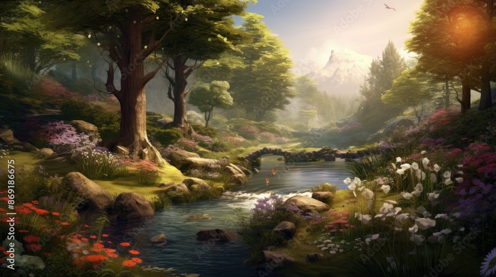Poster a beautiful landscape with a river running through it. the river is surrounded by green trees and fl
