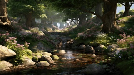 Obraz premium A beautiful landscape with a river flowing through a forest. The trees are tall and green, and the flowers are blooming in the sunlight.