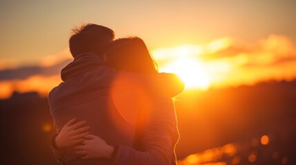 A couple hugs against the background of the sunset