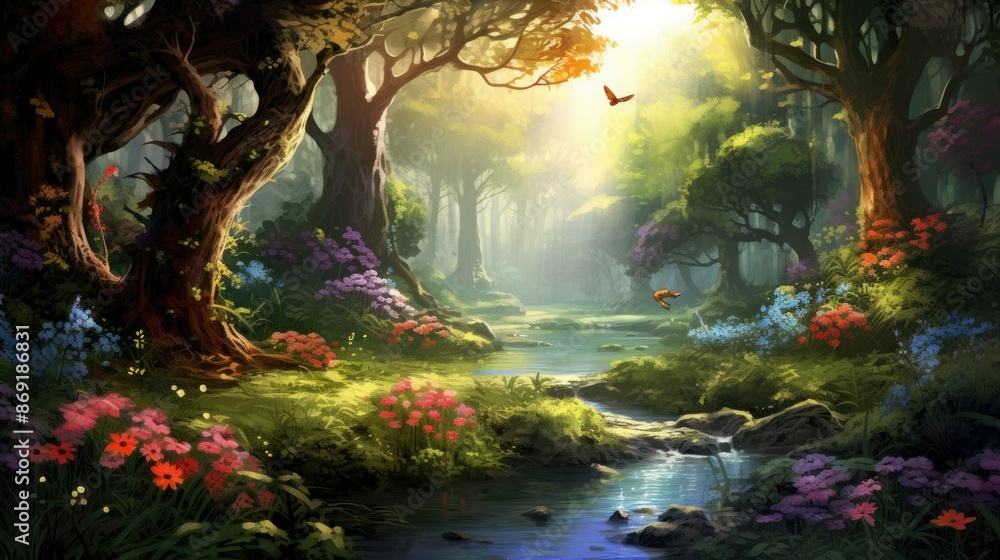 Poster the enchanted forest a beautiful, ethereal forest with a sparkling stream running through it.