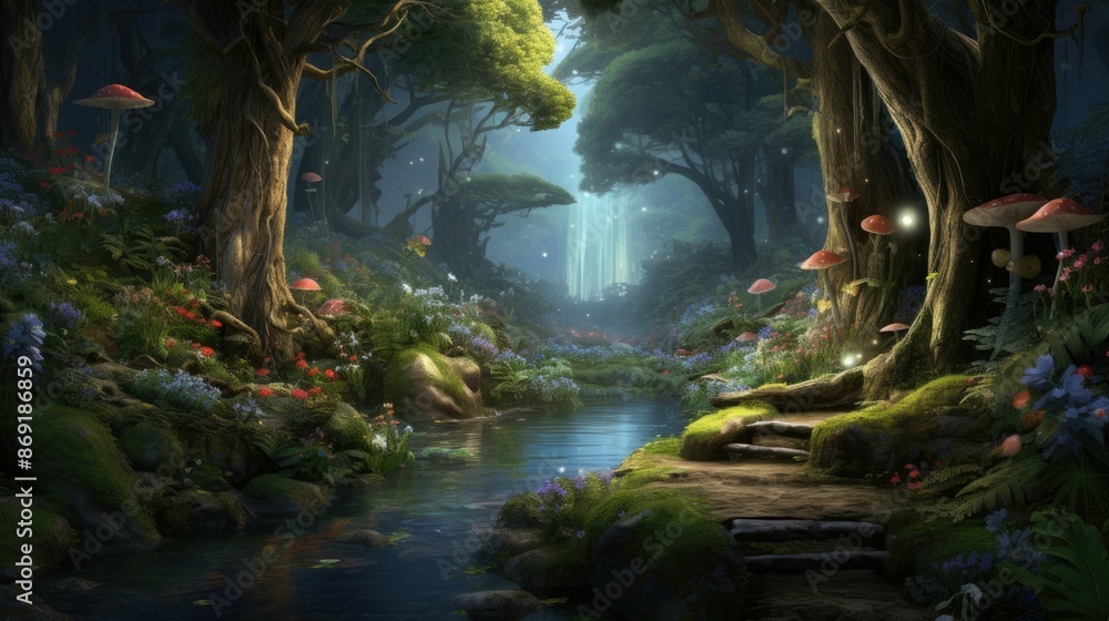 Poster the image is a beautiful forest with a river running through it. the trees are tall and green, and t