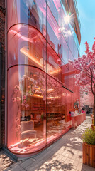 Naklejka premium Closeup of a corner of a pink shopping mall in the city