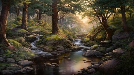 The sun shines through the trees in a beautiful forest.