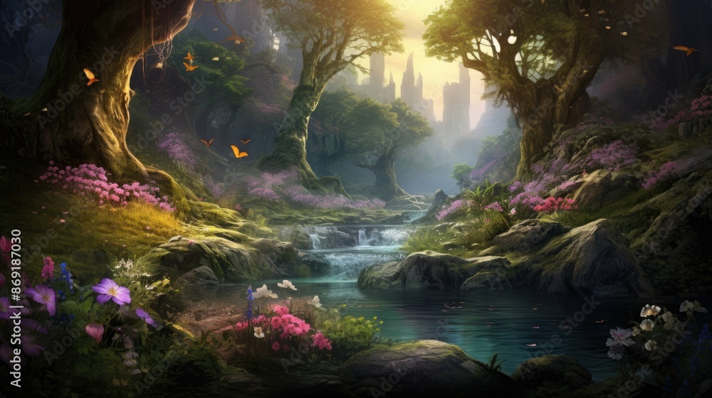 Poster a beautiful and enchanting forest with a river running through it. the trees are tall and majestic, 