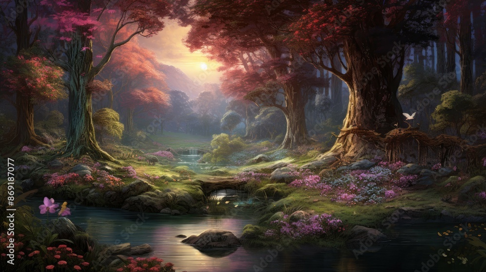 Poster the sun shines through the trees in a magical forest. a river flows through the forest and there are