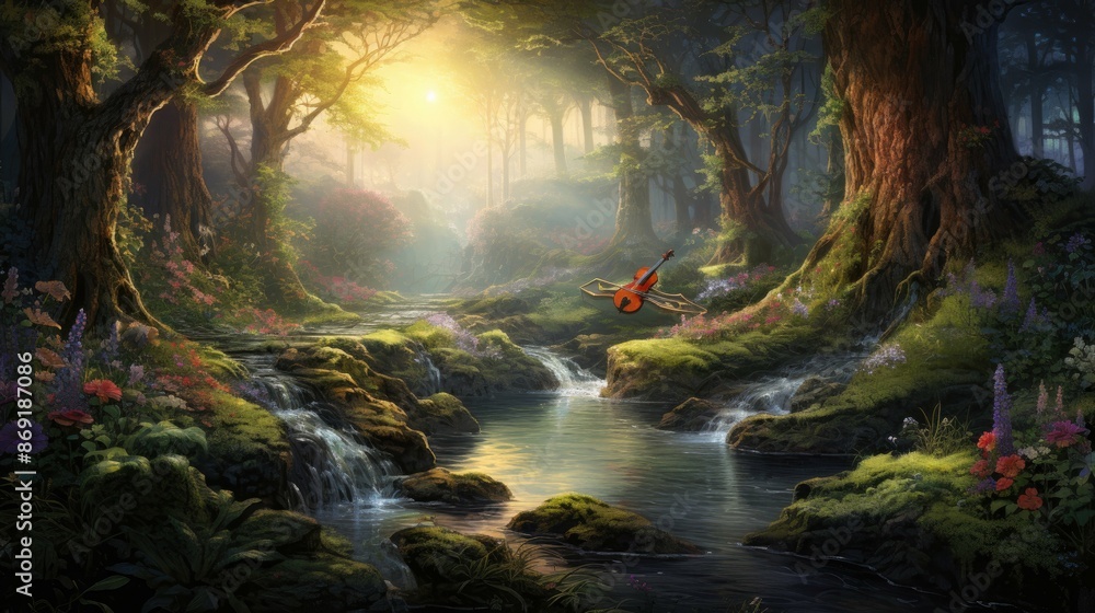 Poster the image is a beautiful landscape of a forest with a river running through it. the trees are tall a