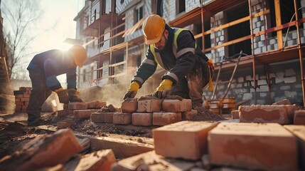 Construction Workers Laying Bricks for New Home Building Project