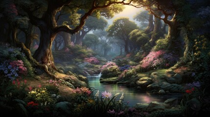 Mystical forest with a beautiful river flowing through it. The forest is full of lush green trees and colorful flowers.