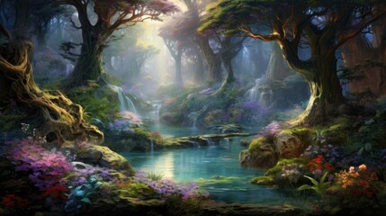 A beautiful landscape of a lush green forest with a river running through it. The trees are tall and majestic, and the leaves are a vibrant green.