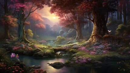 Fototapeta premium The sun shines through the trees in a magical forest. A river flows through the forest and there are flowers on the banks.