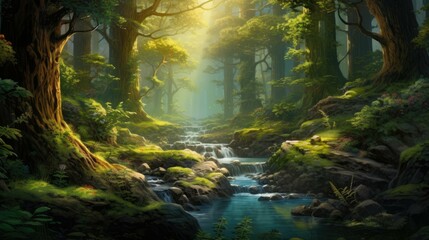 A beautiful forest landscape with a river running through it.